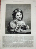 Original Old Antique Print 1876 Portrait Deux Bons Amis Little Girl Bowl Cat