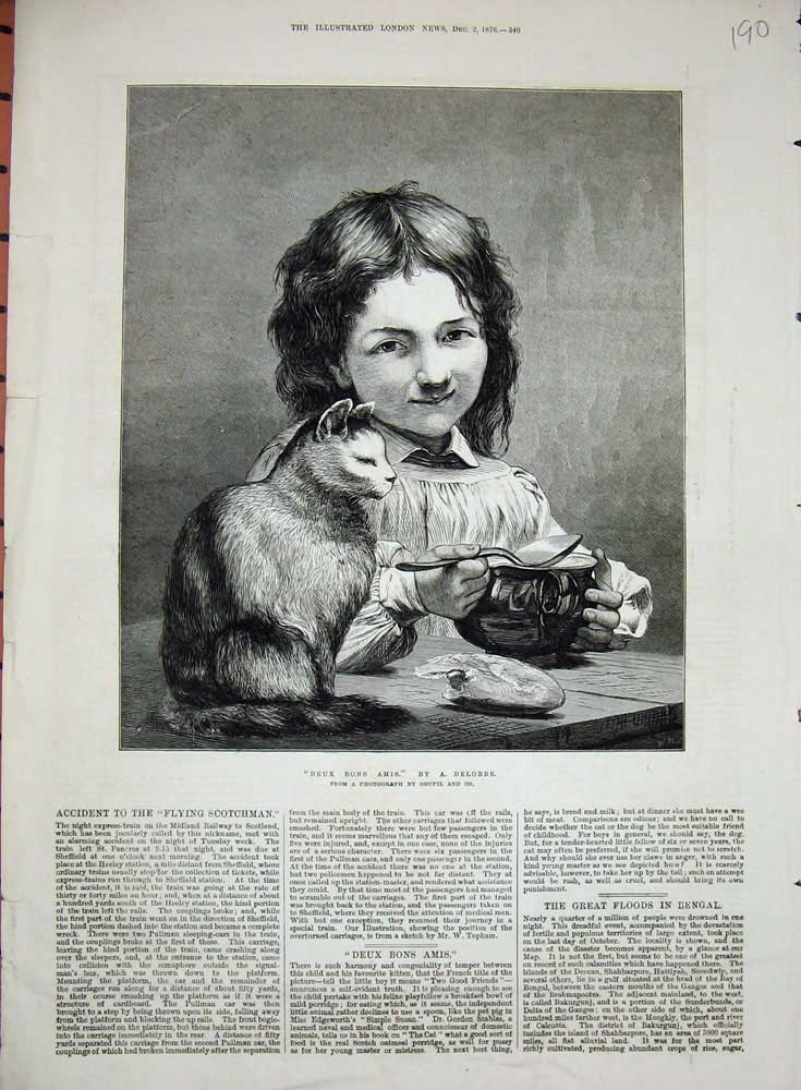 Original Old Antique Print 1876 Portrait Deux Bons Amis Little Girl Bowl Cat