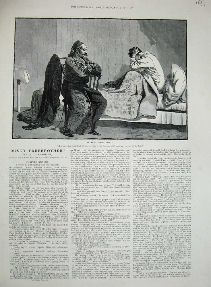 Original Old Antique Print 1887 Miser Farebrother Gordon Browne Man Bed Chair