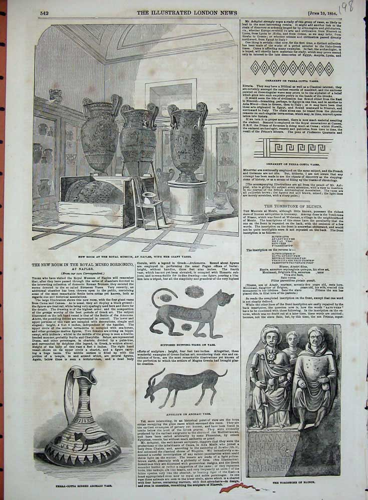 Old Antique Print 1854 Royal Museum Naples Vases Tombstone Blusus Tiger 19th