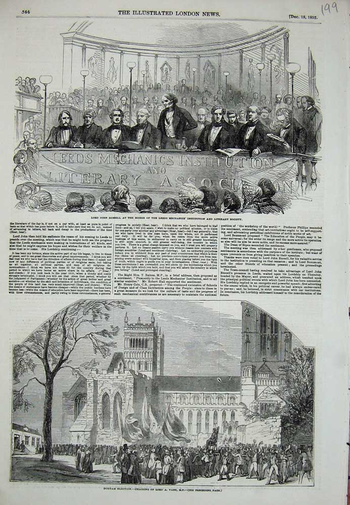 Old Antique Print 1852 Lord John Russell Leeds Durham Election Lord Vane 19th