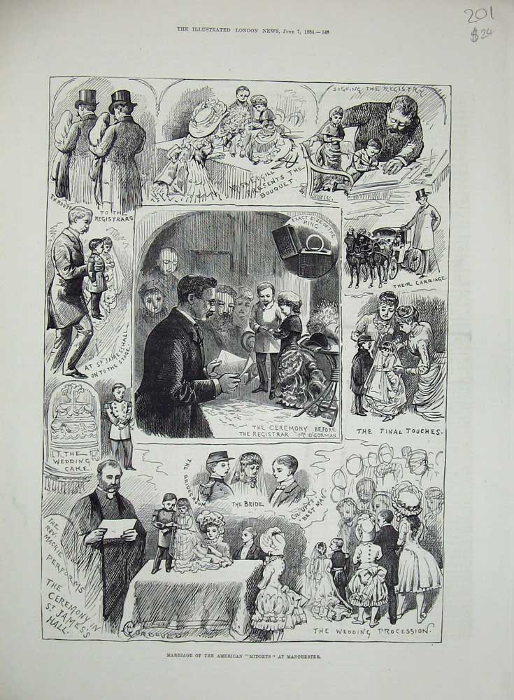 Original Old Antique Print 1884 Marriage American Midgets Manchester Wedding