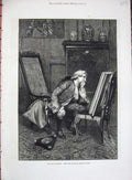 Original Old Antique Print 1877 Seymour Lucas Fine Art Man Chair Painting House