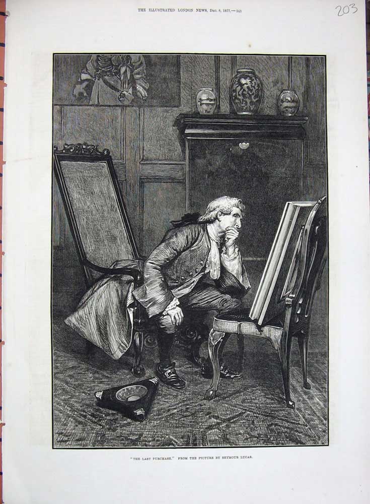 Original Old Antique Print 1877 Seymour Lucas Fine Art Man Chair Painting House