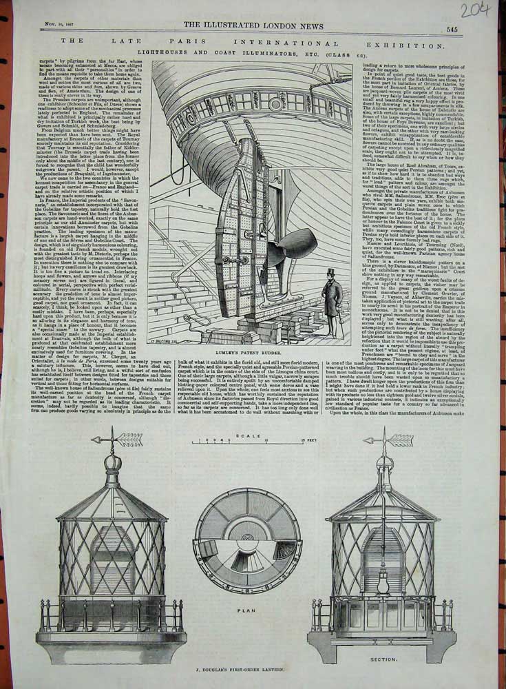 Old Antique Print 1867 Lumley Patent Rudder Douglas First-Order Lantern 19th