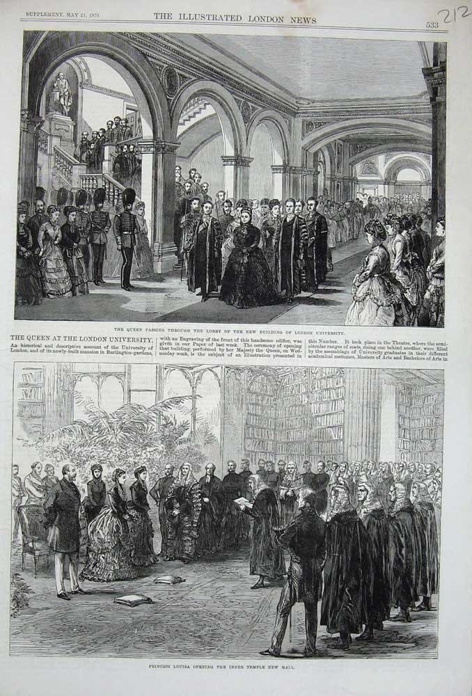 Original Old Antique Print 1870 Queen London University Princess Louisa Temple