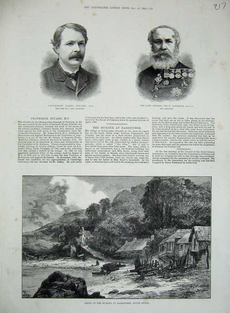 Original Old Antique Print 1884 Scene Murder Babbicombe Devon Stuart Lawrence