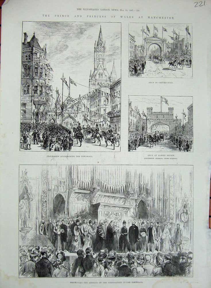 Old Antique Print 1887 Manchester Arch Albert Bridge Prince Wales Oxford 19th