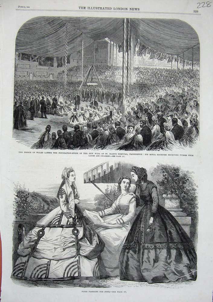 Original Old Antique Print 1865 Fashion Prince Wales Mary'S Hospital Paddington
