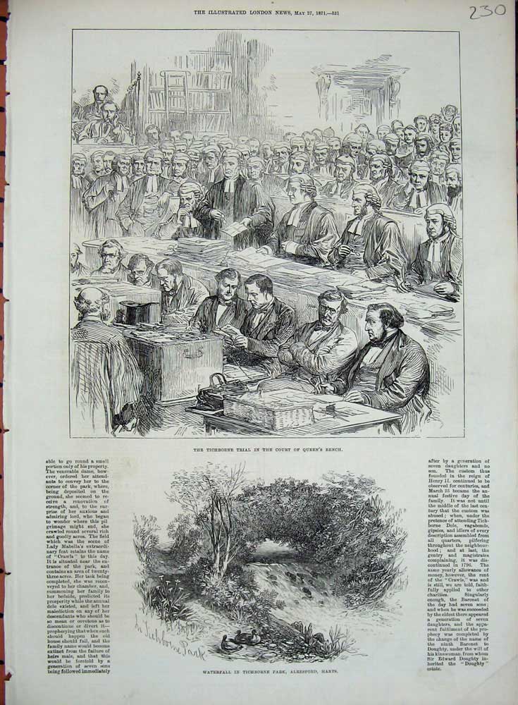 Old Antique Print Waterfall Tichborne Park Hants 1871 Court Trial Queen 19th