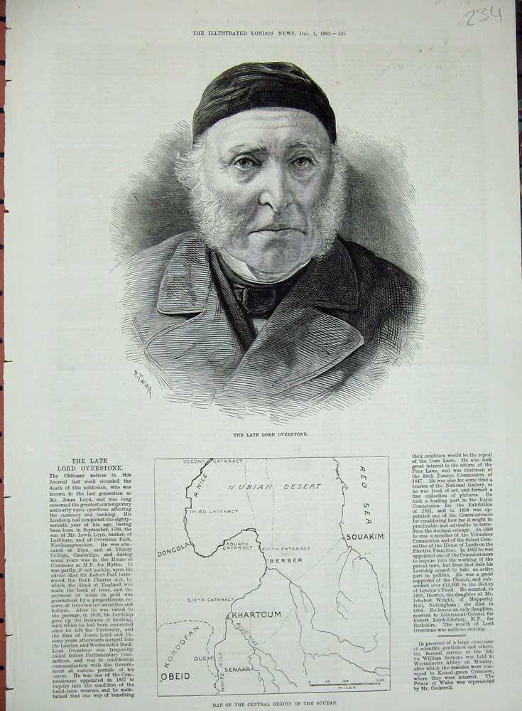 Old Antique Print 1883 Lord Overstone Map Central Region Soudan Souakim 19th