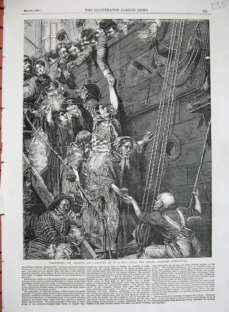 Original Old Antique Print 1858 Royal Acadmey Exhibition War Ship Sailors Women