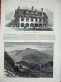 Original Old Antique Print 1882 Coffee Tavern Newart Mountains Samaden Engadine