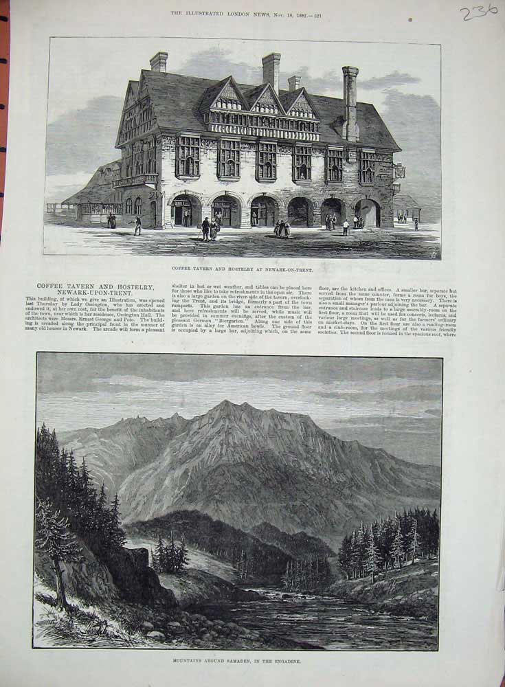 Original Old Antique Print 1882 Coffee Tavern Newart Mountains Samaden Engadine
