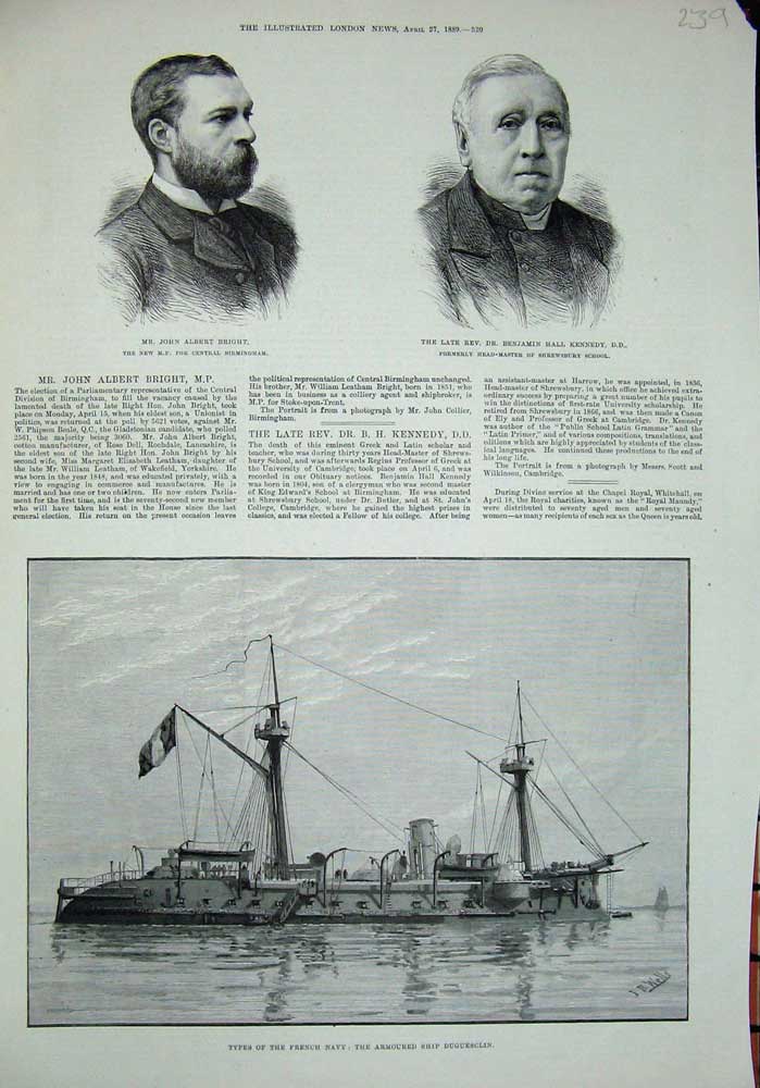 Original Old Antique Print Armoured Ship Duguesclin 1889 Albert Bright Kennedy
