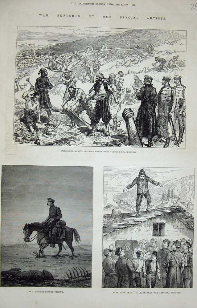 Original Old Antique Print War 1877 Plevna Gravitza Redoubt Turkish Gravestones