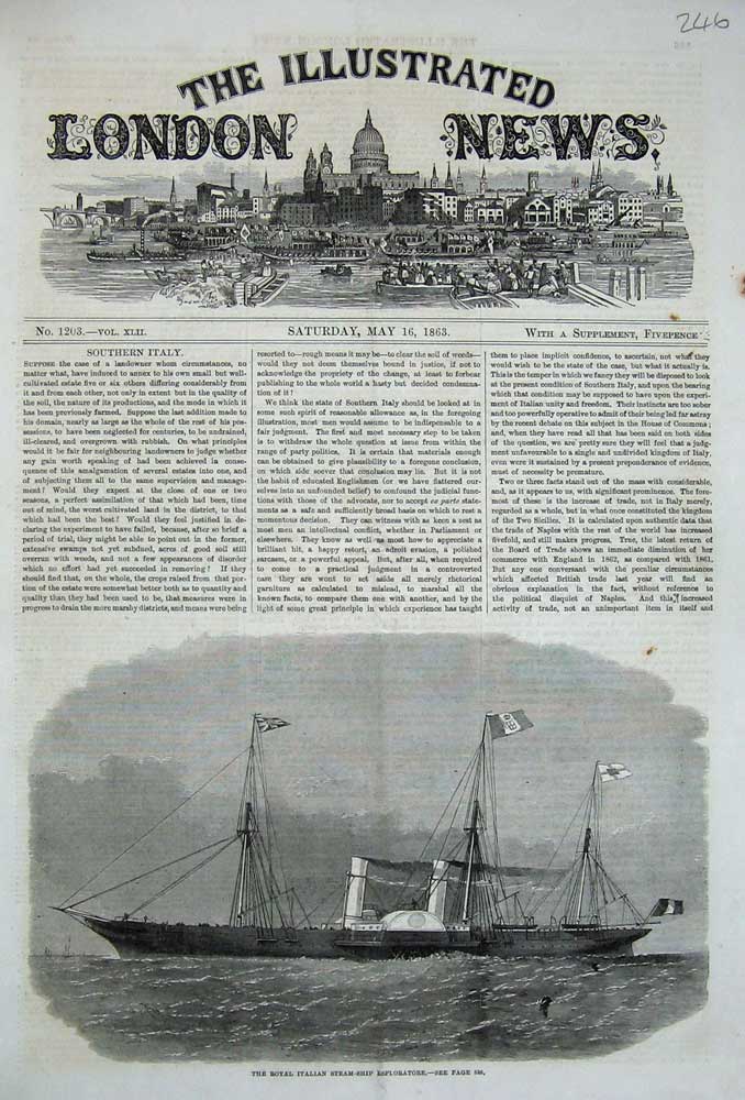 Original Old Antique Print 1863 Royal Italian Steam Ship Esploratore Flags 19th