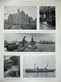 Old Antique Print 1902 Deiniol Library Gladstone Hawarden Ship Inflexible 20th