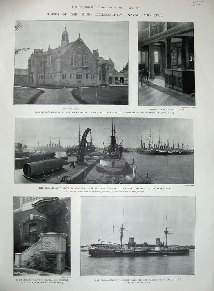 Old Antique Print 1902 Deiniol Library Gladstone Hawarden Ship Inflexible 20th