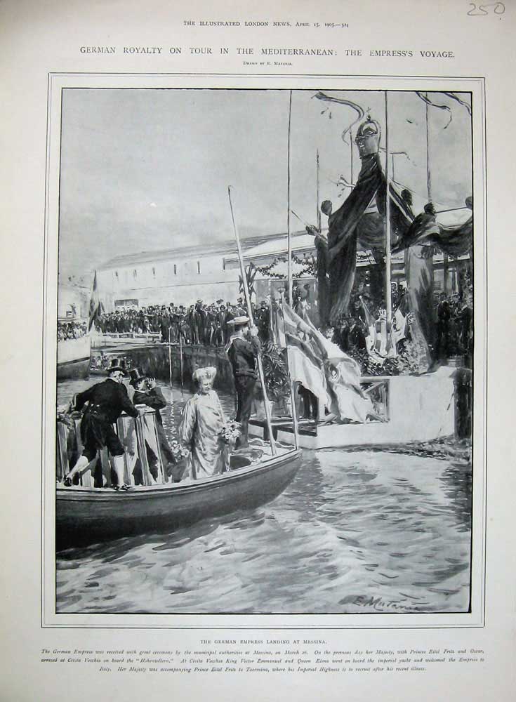 Original Old Antique Print 1905 German Emperor Messina Royalty Mediterranean