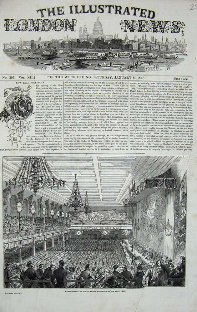Original Old Antique Print Grand Soiree Glasgow Anthenaeum 1848 Scotland 19th