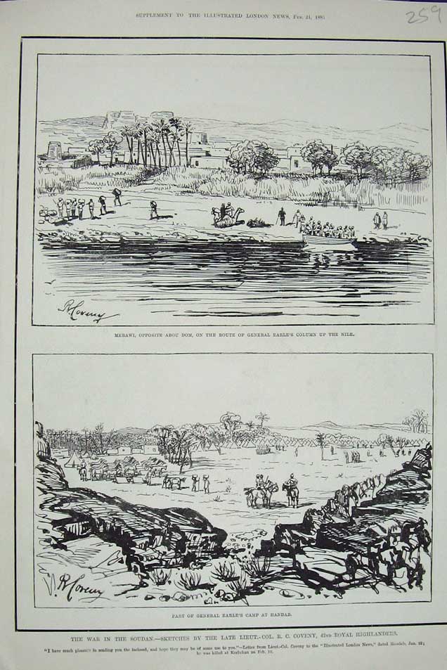 Old Antique Print 1885 Merawi Abou General Earle Nile Handab War Soudan 19th