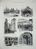 Original Old Antique Print 1884 Lisbon Portugal Tagus Pena Castle Cintra Belem