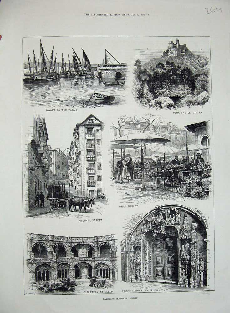Original Old Antique Print 1884 Lisbon Portugal Tagus Pena Castle Cintra Belem