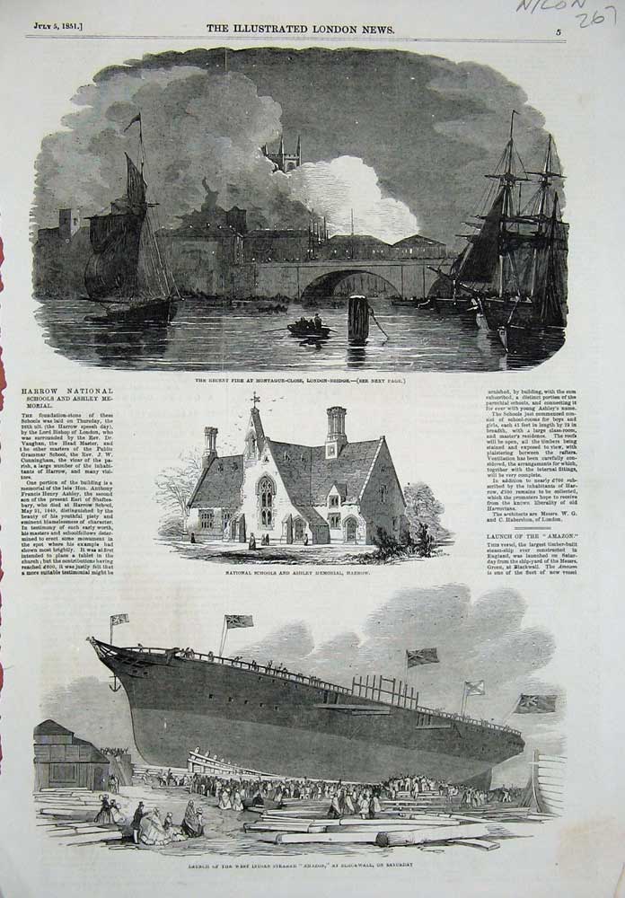 Original Old Antique Print 1851 London Bridge Fire School Harrow Steamer Amazon