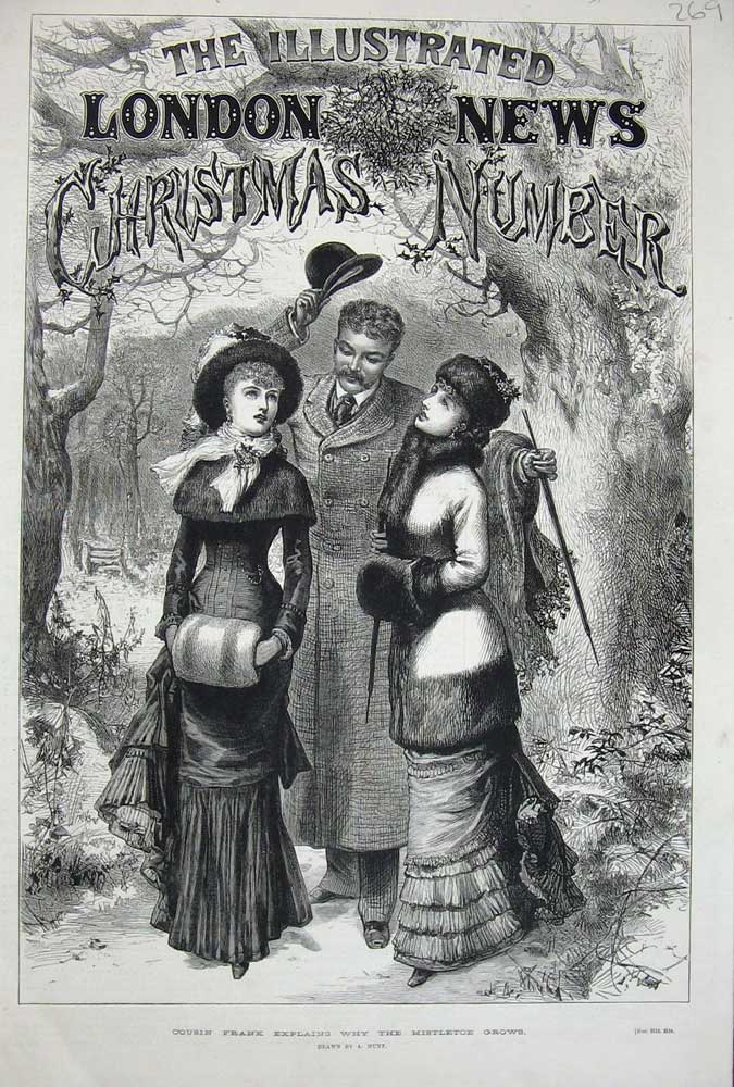Original Old Antique Print 1879 Cousin Frank Mistletoe Man Ladies Trees Snow