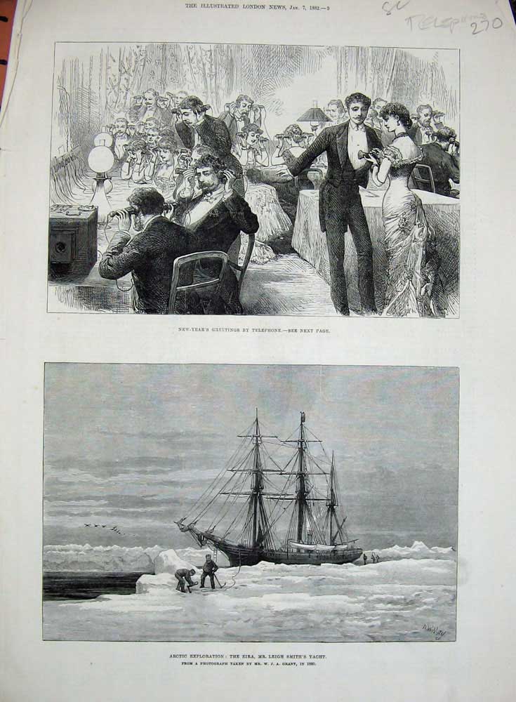 Old Antique Print 1882 Arctic Eira Leigh Smith Yacht Telephone New-Years 19th