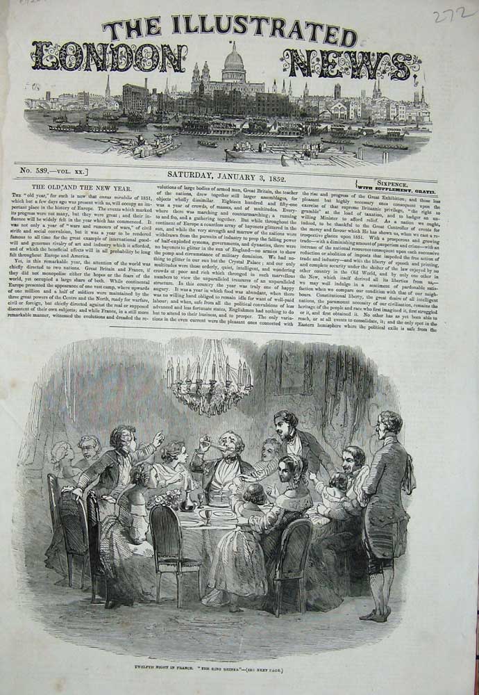 Old Antique Print 1852 Twelfth Night France Kings Drinks Table Christmas 19th