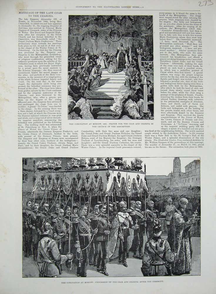 Original Old Antique Print Coronation Moscow Czar Church Assumption Czarina