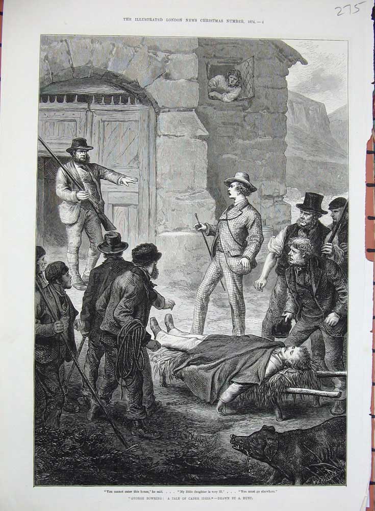 Original Old Antique Print 1874 George Bowring Man Stetcher Ill House Hunt Art