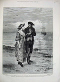 Original Old Antique Print Mabel Parr 1882 Man Woman Romance Ship Sea Fine Art