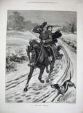Original Old Antique Print 1881 Dadd Fine Art Man Woman Horse Snow Winter Dog