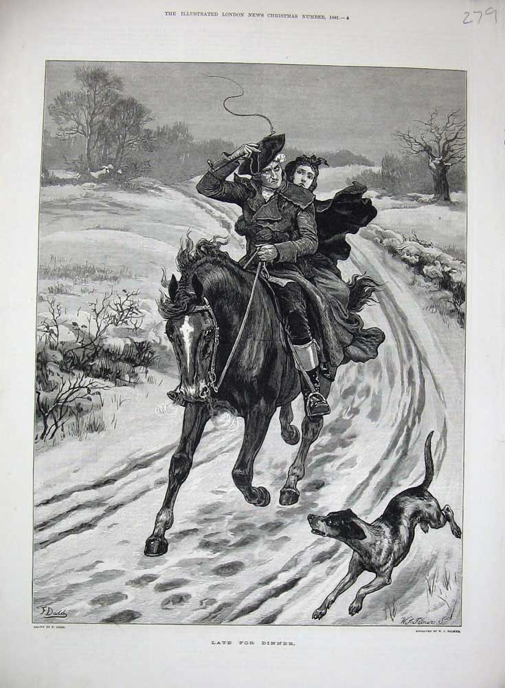 Original Old Antique Print 1881 Dadd Fine Art Man Woman Horse Snow Winter Dog