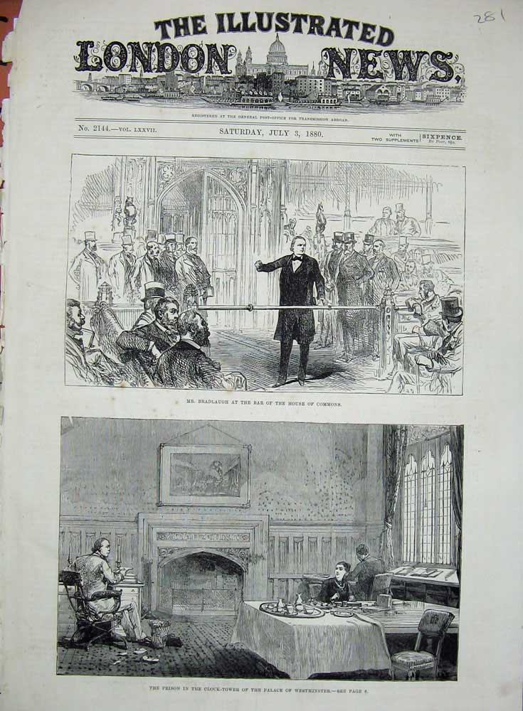 Old Antique Print 1880 Bradlaugh House Commons Palace Westminster Tower 19th