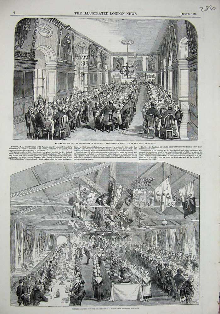 Old Antique Print 1850 Dinner Clerkenwell Charity School Hospital Bethlem 19th