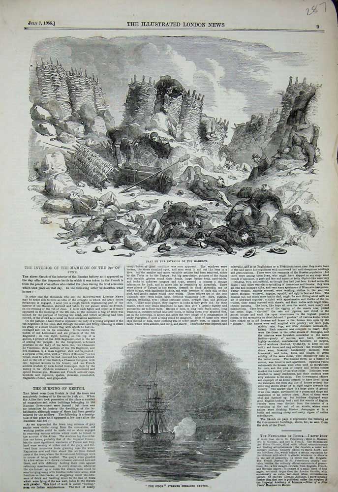 Old Antique Print 1855Interior Mamelon Sidon Ship Steamer Shelling Kertch 19th