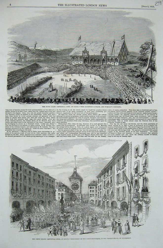Original Old Antique Print 1853 Grand Centennial Fete Berne Reception Pavilion