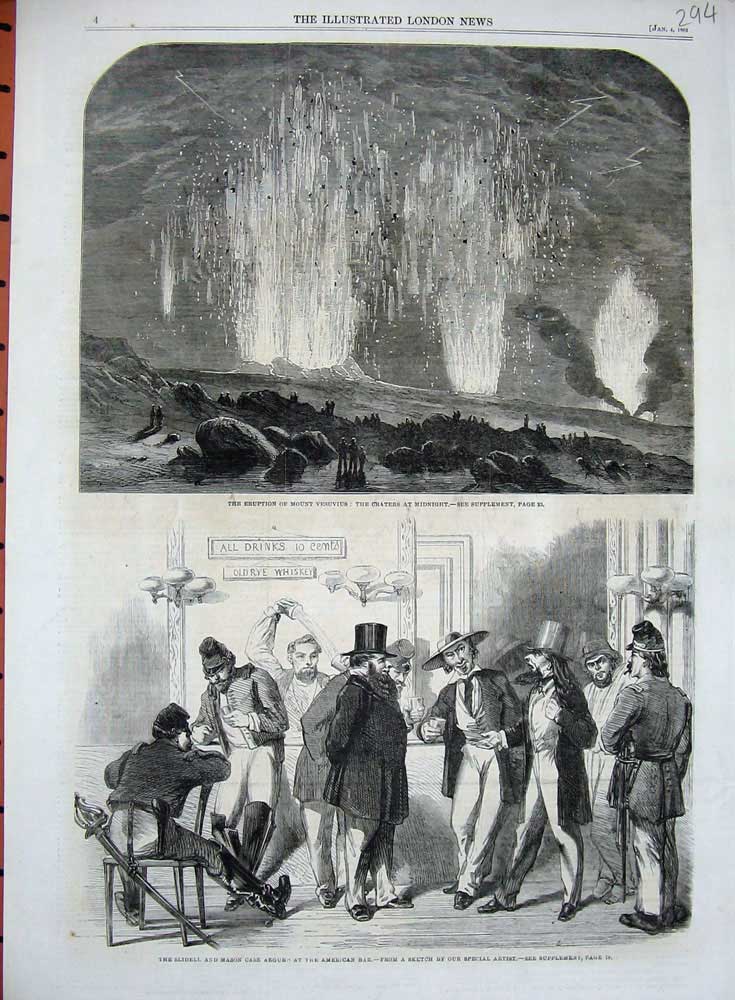 Old Antique Print 1862 Eruption Mount Vesuvius Slidell Mason American Bar 19th