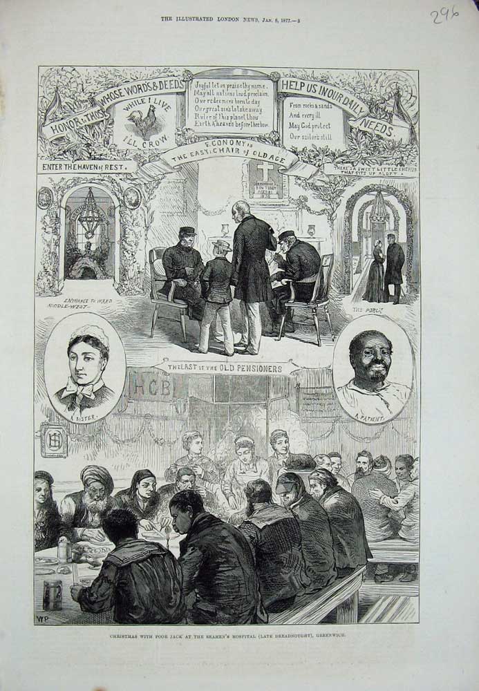 Original Old Antique Print 1877 Christmas Poor Jack Seaman'S Hospital Greenwich