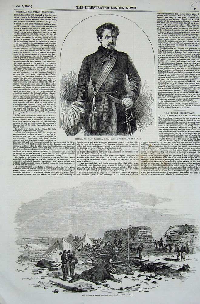 Old Antique Print 1856 General Colin Campbell War Explosion Inkerman Mill 19th