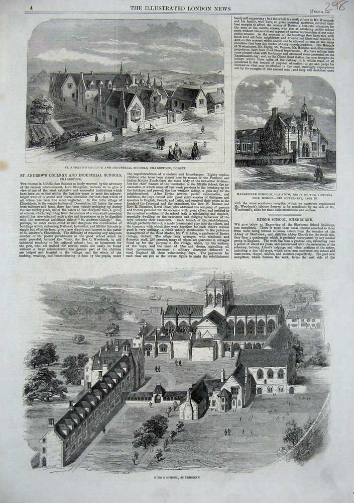 Old Antique Print 1861 King'S School Sherborne Hallsville Andrew Dorset 19th