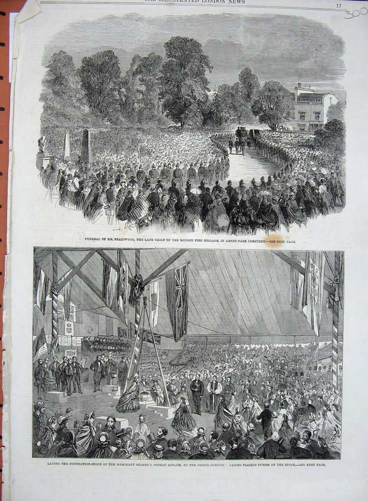 Original Old Antique Print 1861 Funeral Braidwood London Fire-Brigade Orphan