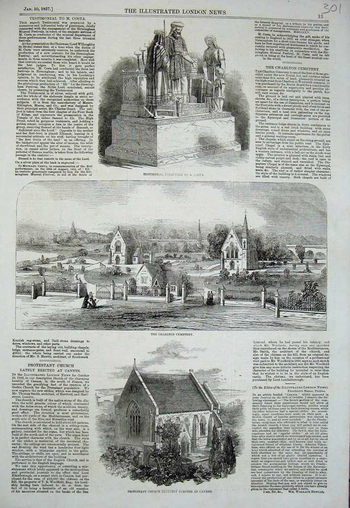Old Antique Print 1857 Costa Charlton Cemetery Protestant Church Cannes 19th