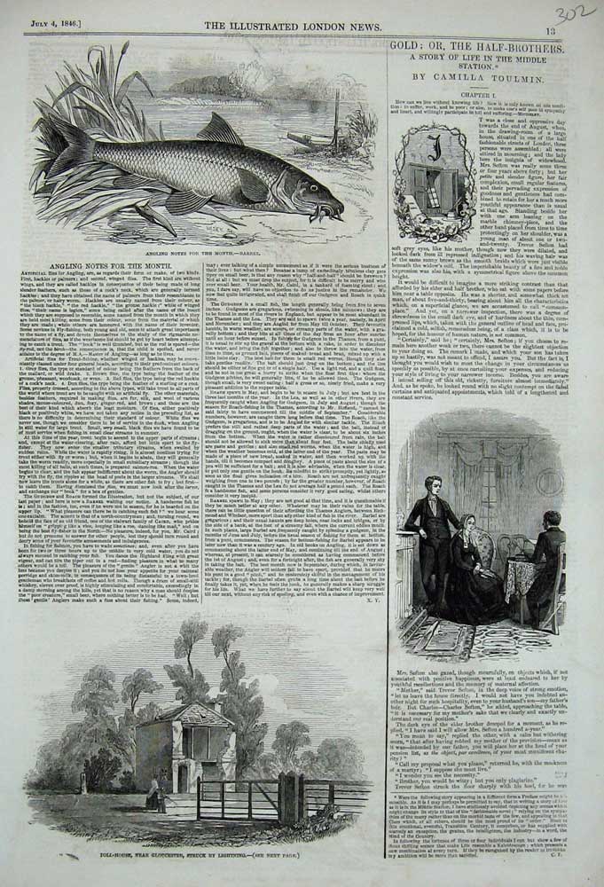 Original Old Antique Print 1846 Barbel Fish Angling Toll-House Gloucester Ruins