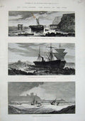 Original Old Antique Print 1877 Tyne Storm Ship Wreck Albion Claremont Fenella