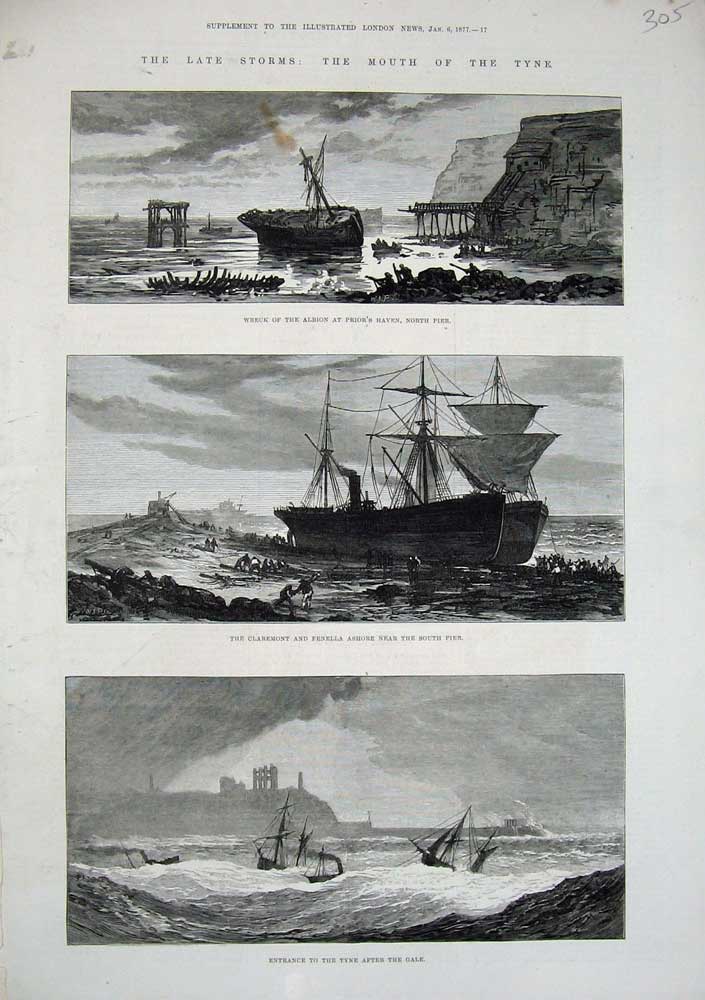 Original Old Antique Print 1877 Tyne Storm Ship Wreck Albion Claremont Fenella